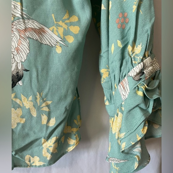 Zara Women’s Japanese Crane Print Long sleeve Sea green Size Medium Blouse - Picture 5 of 8